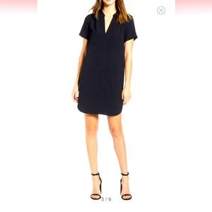 LUSH Sz L Shift Shirt Dress Crepe Black Short Sleeve V-Neck W Front Pocket